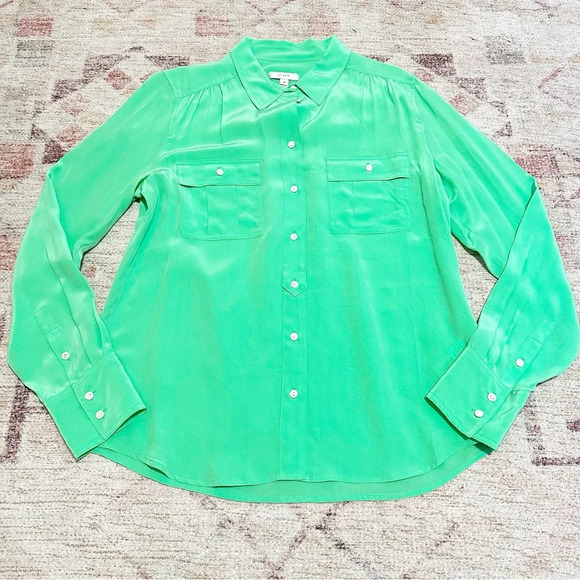 NWT J Crew 100% Silk Green Long Sleeve Button Down Blouse Size 10 - Picture 9 of 14